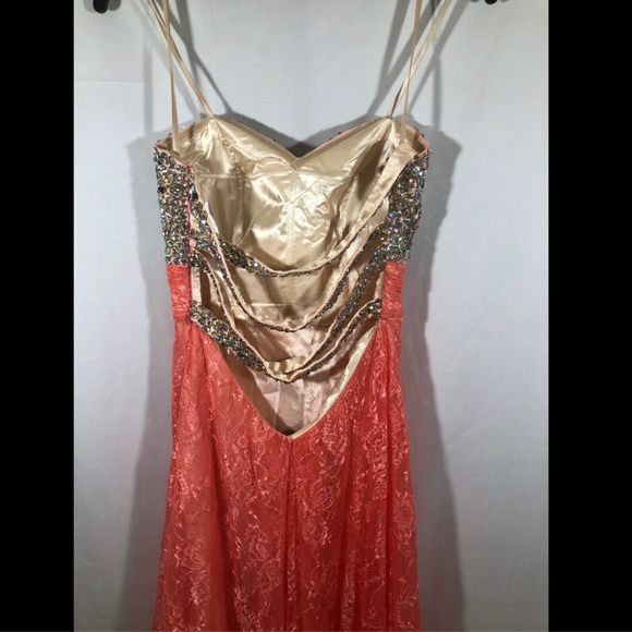 NEW La Femme [ 6 ] Embellished Jeweled Strapless‎ Lace Gown in Hot Coral - Picture 5 of 9